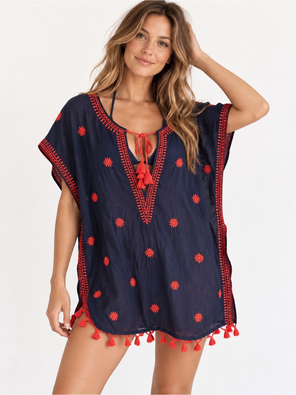 J. Crew Navy Blue Embroidered Tassel Poncho Kaftan Top Swim Cover Up Small